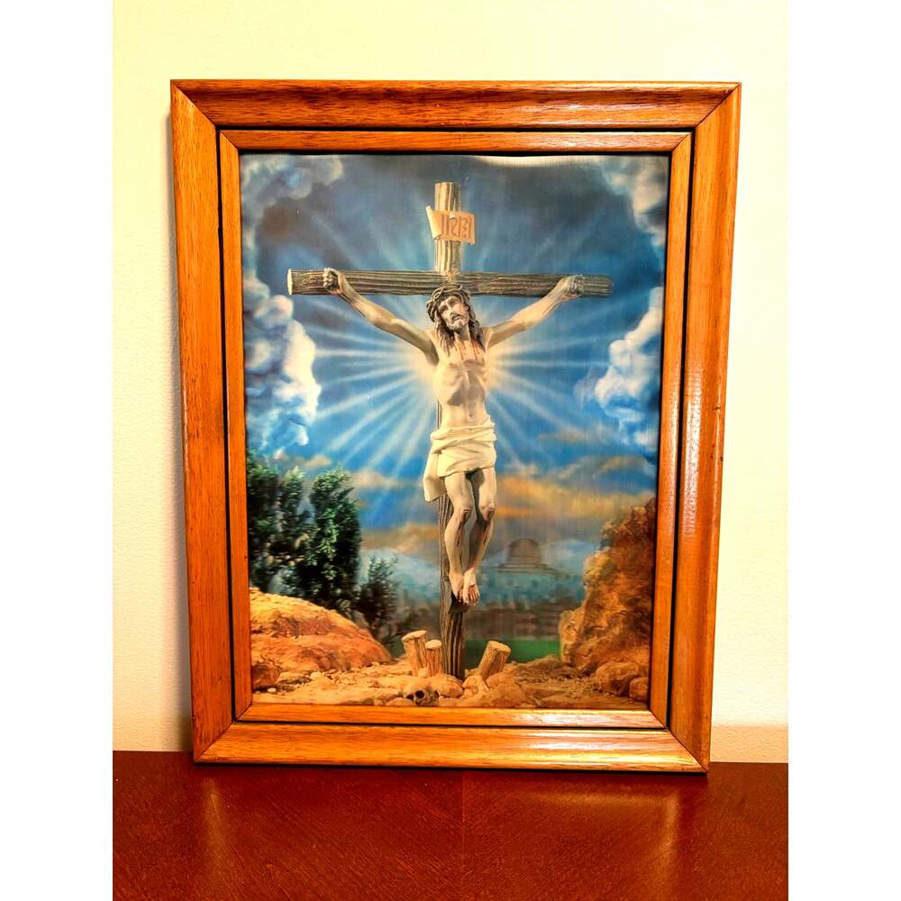 Vintage 1970's 3D Lenticular Hologram Jesus Crucifixion Framed Art 14.75 x 18.75